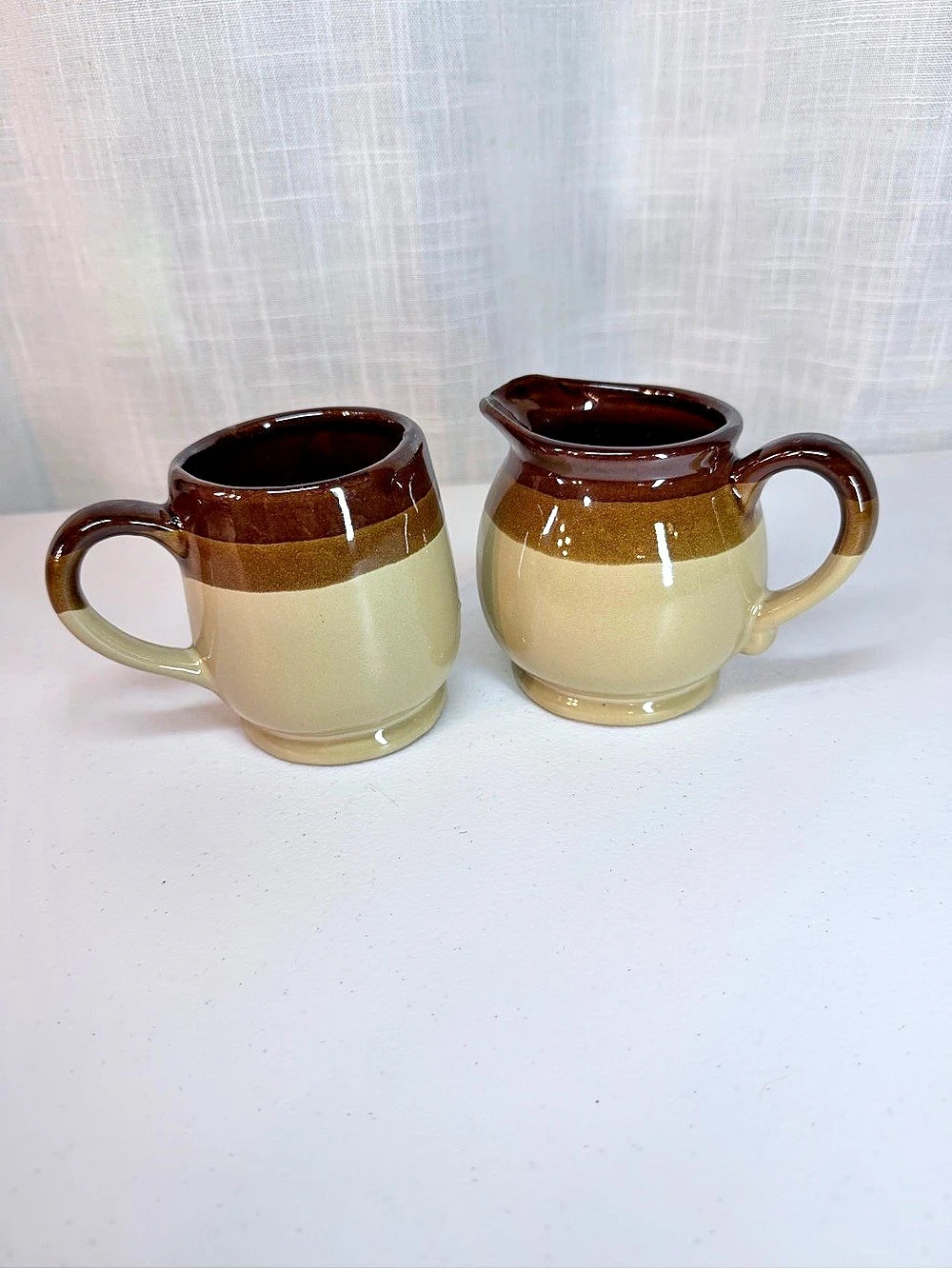 Rustic Vintage Stoneware Creamer & Sugar Bowl Set Farmhouse Brown Beige Ceramic